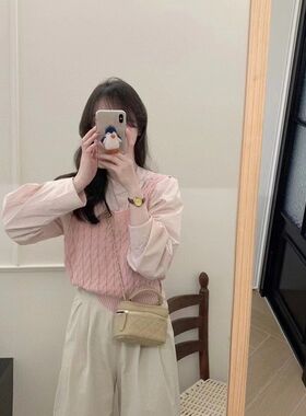 韩版圆领喇叭袖衬衫+方领麻花马甲外搭背心宽松九分裤套装三件套