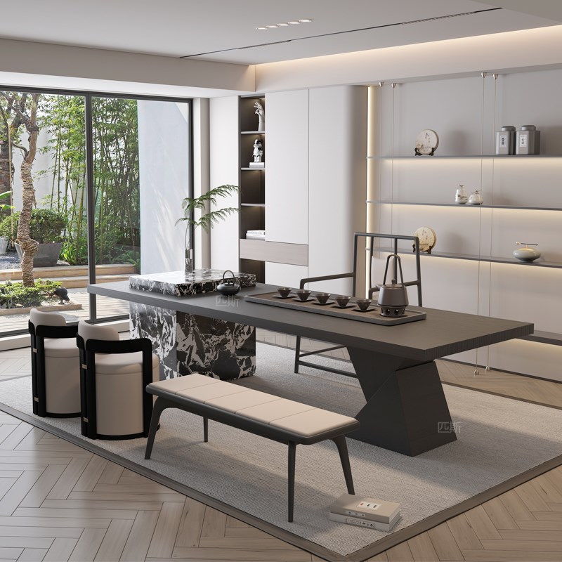 意式轻奢岩d板茶桌椅  新中式茶室实木茶台家用设计办公高端泡茶