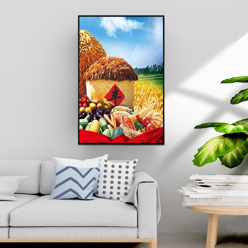 五谷丰登贴画竖版m金色麦子装饰F画丰收图客厅玄关框挂画
