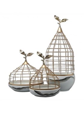 新中式金属陶瓷鸟l笼摆件店铺会所软装饰品工艺桌面展示柜酒柜摆