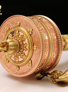 亚青手摇铜转桶实木平底手持转简经F桶办公桌面藏族转金轮转金筒