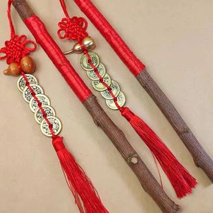 桃木平安棒装 饰摆件五帝钱红色流苏挂件家用车摆件23cm
