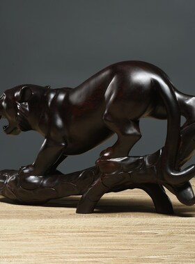 黑檀木雕金钱豹摆件实木雕刻豹子大F号动物一路豹发客厅办公室摆