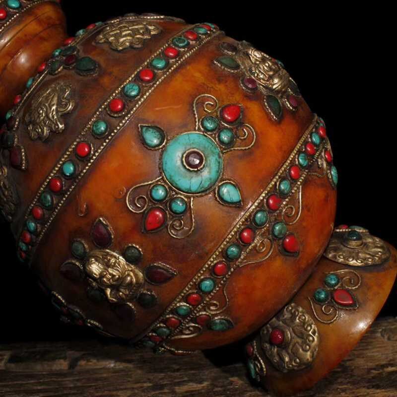 西藏老蜜蜡手工镶嵌宝石s吉祥八宝花瓶藏式摆件家居装饰古玩收藏