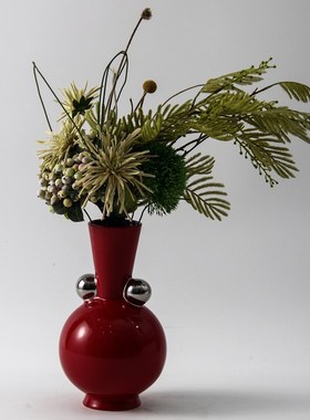 现代北欧复古双耳彩色陶瓷花瓶摆件样H板房酒店客厅玄关大红色花