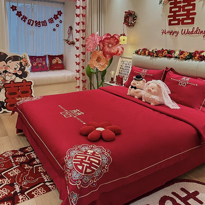 140支公主风长l绒棉结婚四件套红色床单婚庆陪嫁床上用品4