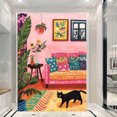 2024新款DIY粘贴钻方钻满钻钻石画钻石K绣浪漫粉色房间的黑色猫咪