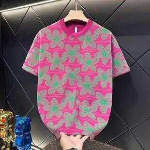 夏季新款痞帅设计感撞色满印花卉圆领短袖T恤男士潮流时尚上衣潮