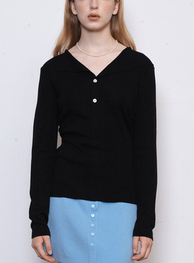 demi et demi Before Sunrise30%羊毛黑色翻领单排扣修身针织开衫