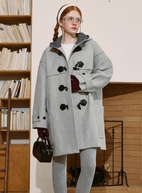 demi et demi“完美的日子”灰色羊毛混纺连帽学院羊角扣大衣外套