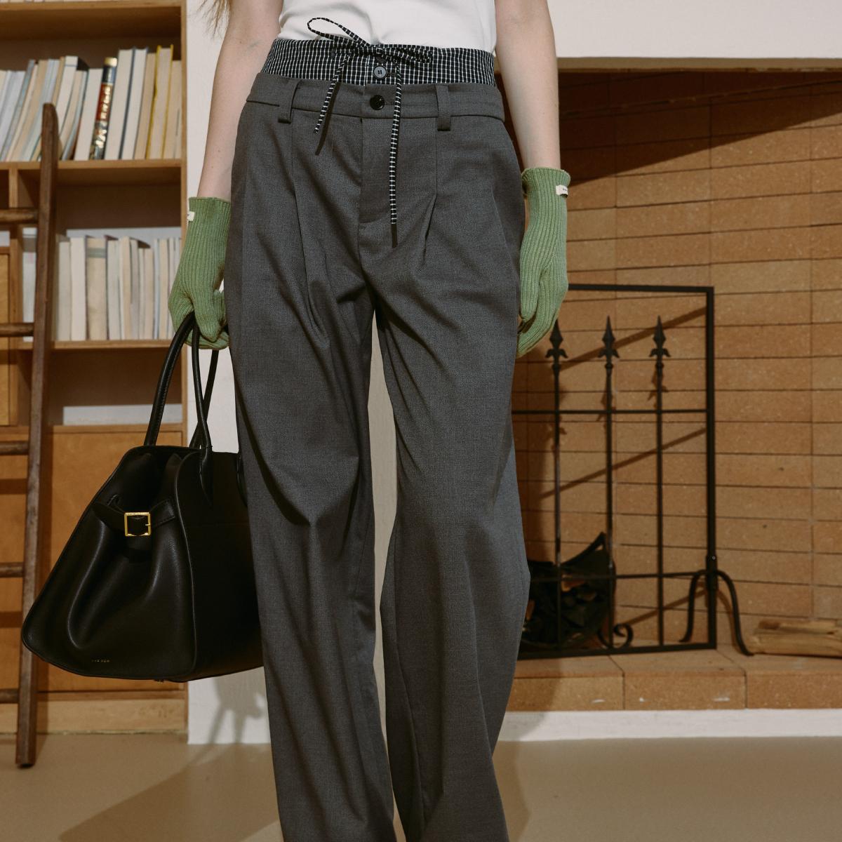 demietdemi灰色中高腰阔腿裤