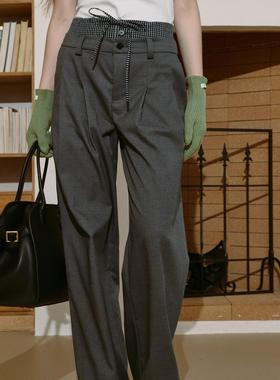 demi et demi“完美的日子”深灰色拼接撞色底边垂感休闲长裤