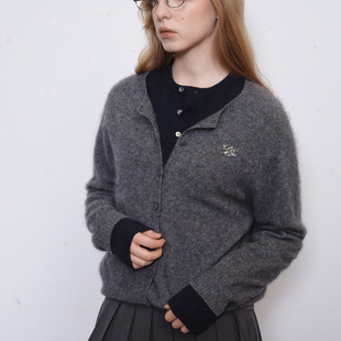 Sunrise100%羊毛拉毛工艺灰色圆领针织开衫 Before demi