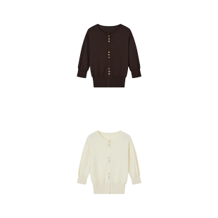 demi et demi“Go Outside”双色奶杏咖色针织中袖短款开衫上衣
