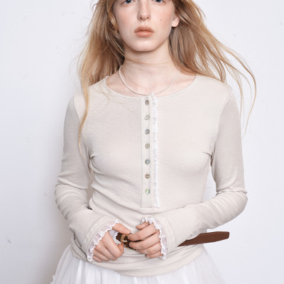 demi et demiEveryday is a Sunday柔弹亲肤拼花边门襟长袖上衣