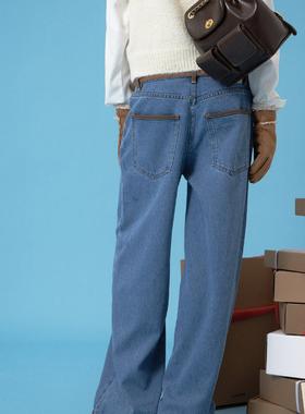 demi et demiLove actually 加州牛仔水洗皮拼接经典巴恩风阔腿裤