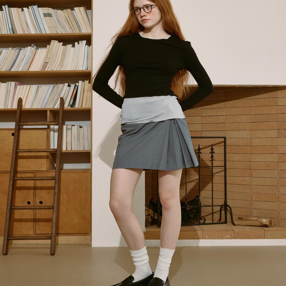 demi et demi“完美的日子”混纺侧边百褶设计灰咖双色短裙