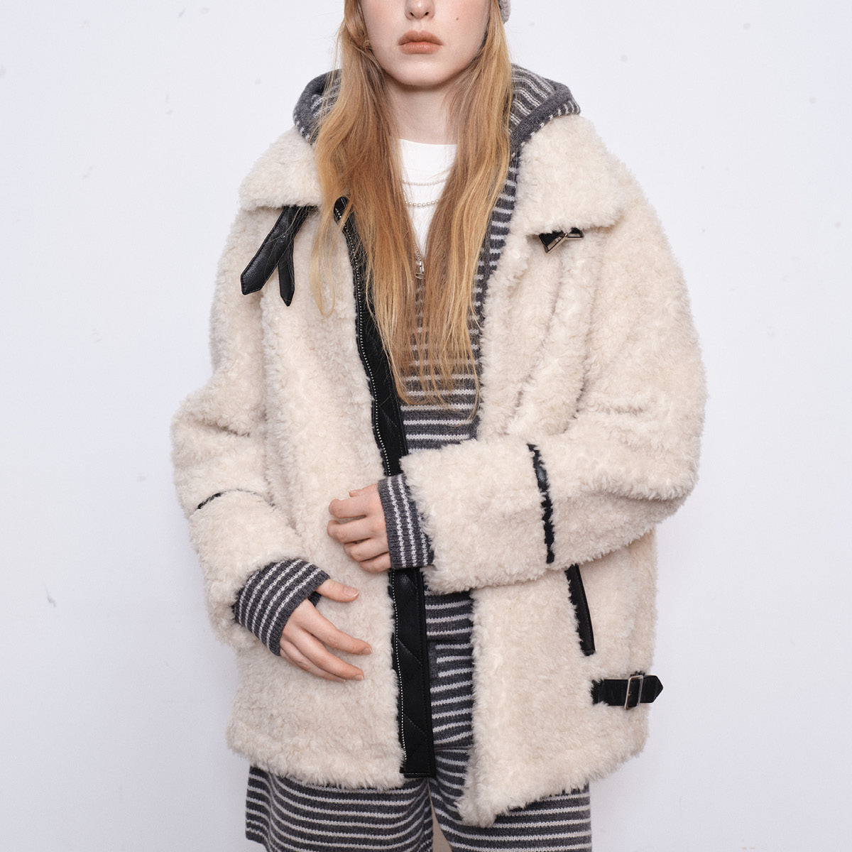 demi et demiEveryday is a Sunday皮毛拼接立领羊羔毛外套