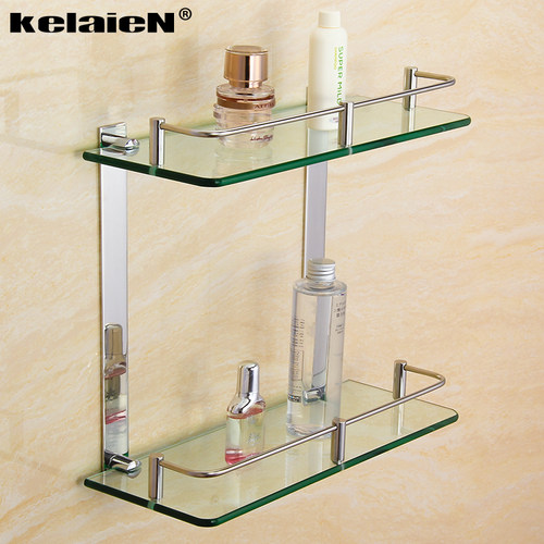 加厚304不锈钢玻璃置物架卫生间两层浴室化妆品收纳架双层架打孔