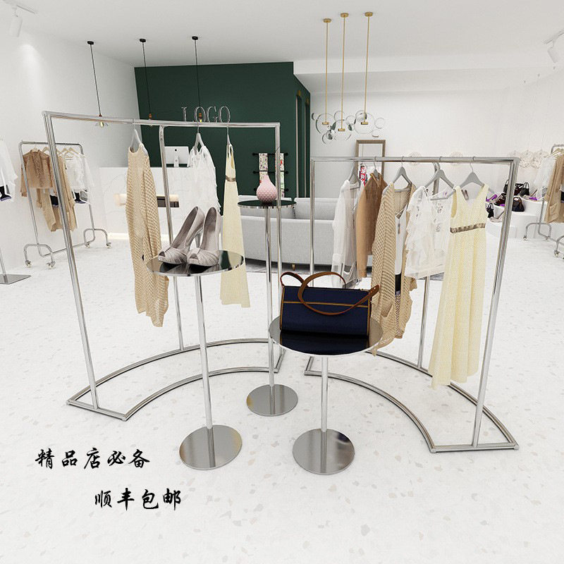 服装店不锈钢展示架半圆形弧形中岛架侧挂落地式挂衣架高低流水台