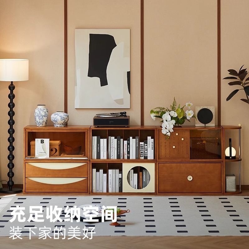 2026北欧实木书柜自由组合收纳展示柜小户型客厅落地电视柜餐边储