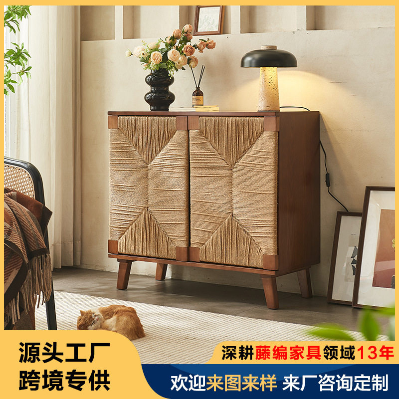 北欧实木藤编餐边柜日式简约储物收纳柜客厅玄关置物架家用茶水柜