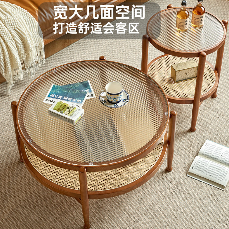 北欧圆形实木茶几轻奢客厅小户型藤编日式边几复古风简约小圆桌子