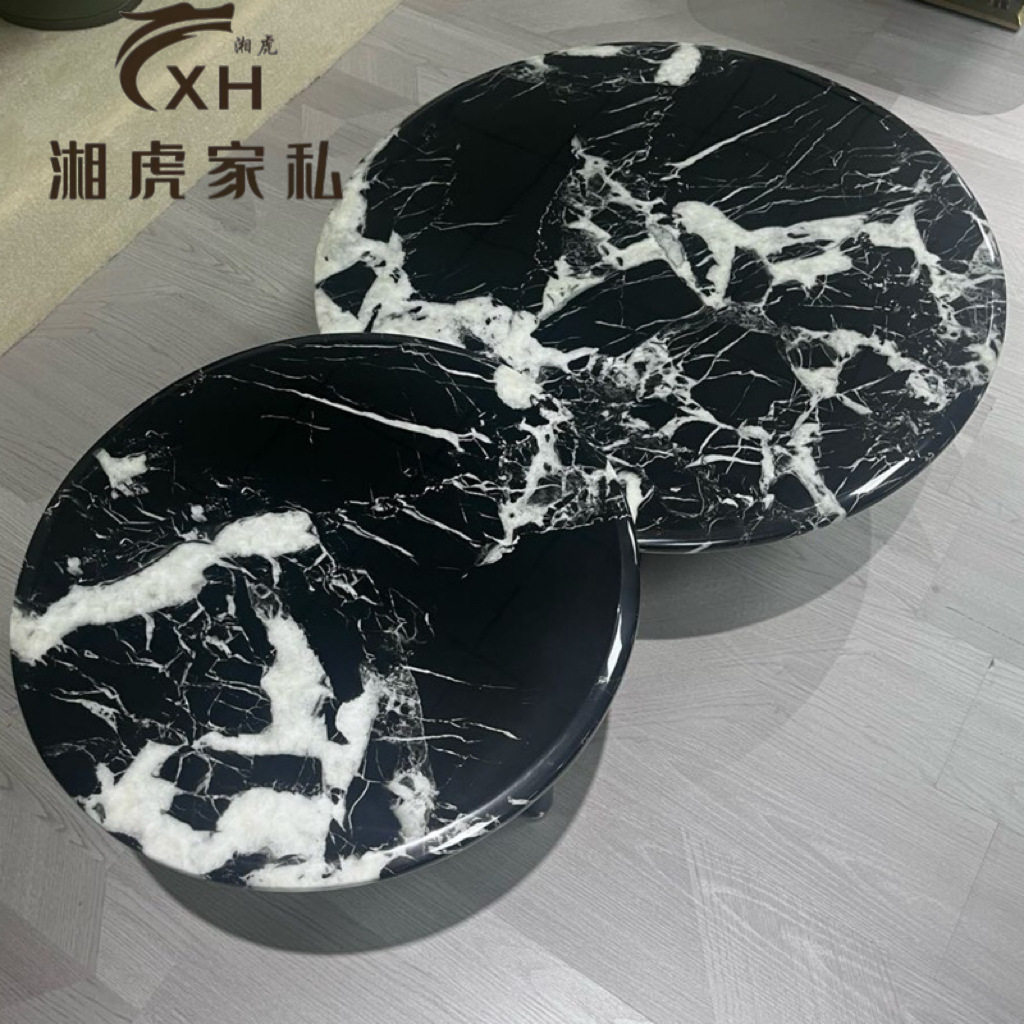 现代风大理石不锈钢黑色家用茶几小户型双圆设计咖啡桌