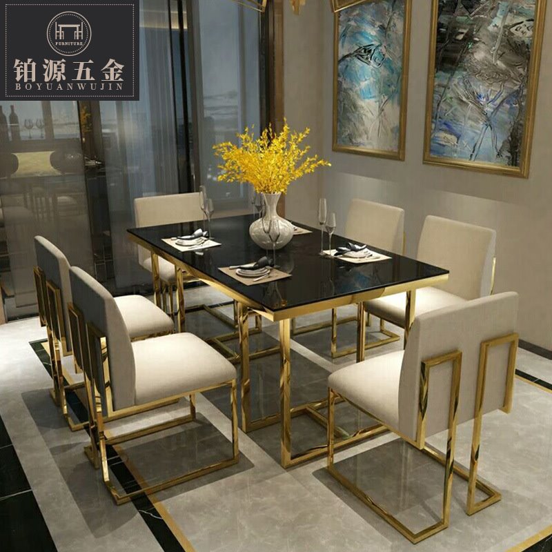 轻奢金色客厅时尚简约现代不锈钢长方形玻璃餐桌椅组合餐桌餐椅
