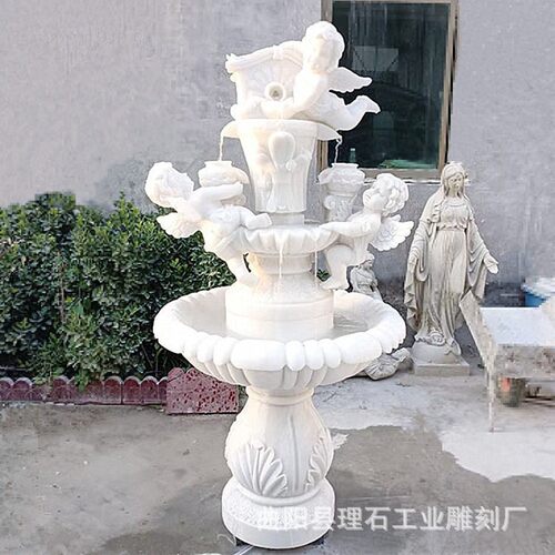 石雕喷泉汉白玉大理石欧式流水天使雕塑摆件落地家居婚庆装饰水景