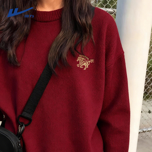 回力酒红色加绒毛衣男款冬季情侣马年本命年新年战袍喜庆衣服女Y