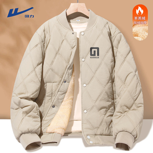回力菱形格棉服男冬季加绒加厚羊羔绒防寒男士皮毛一体棒球外套Y
