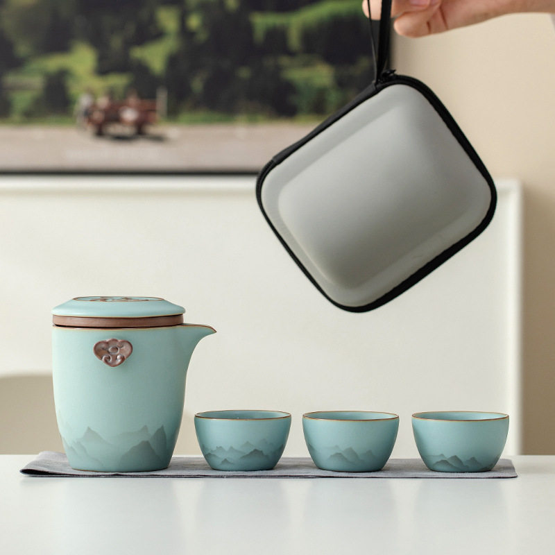 汝窑旅行茶具套装一人饮茶壶茶杯功夫泡茶具简约便携式快客杯茶具