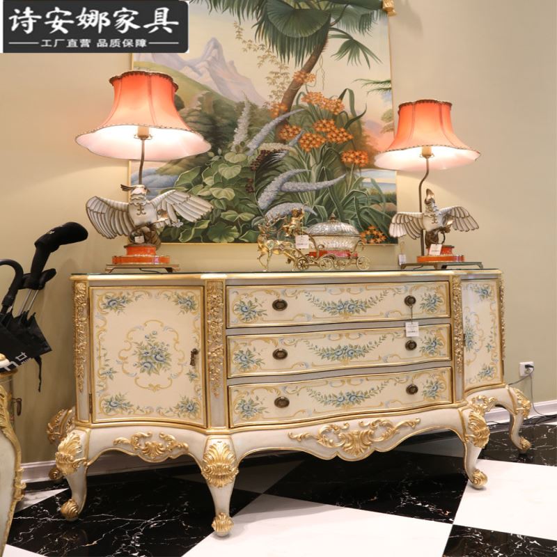 奢华法式欧式重工手绘玫瑰花卉米白色玄关台沙发靠台玄关柜