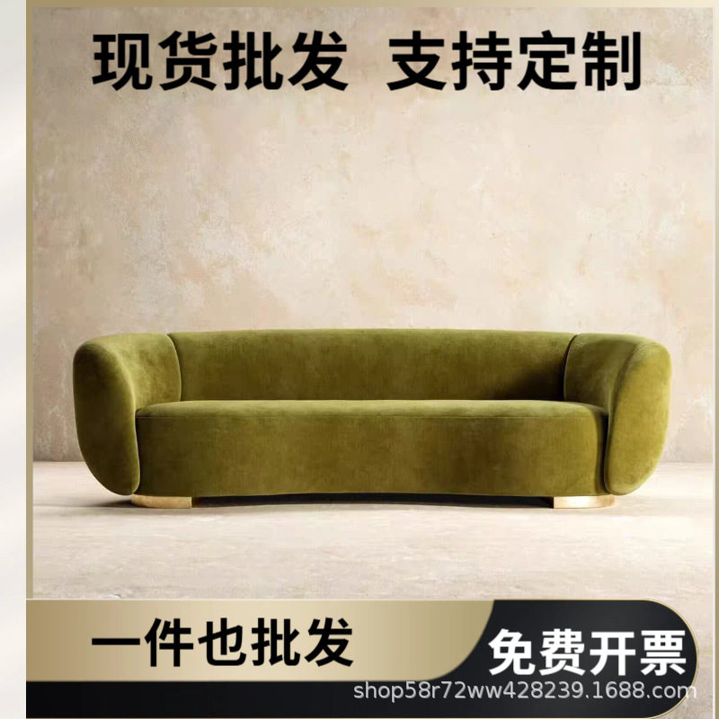 法式复古丝绒芥末绿布艺小户型客厅民宿酒店服装店美容院直排沙发