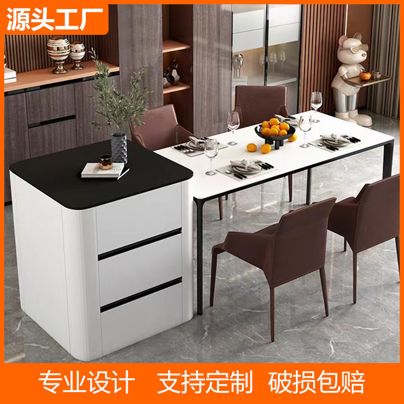岩板岛台餐桌一体多功能伸缩轻奢中岛台厨房倒台料理餐厅吧台家用