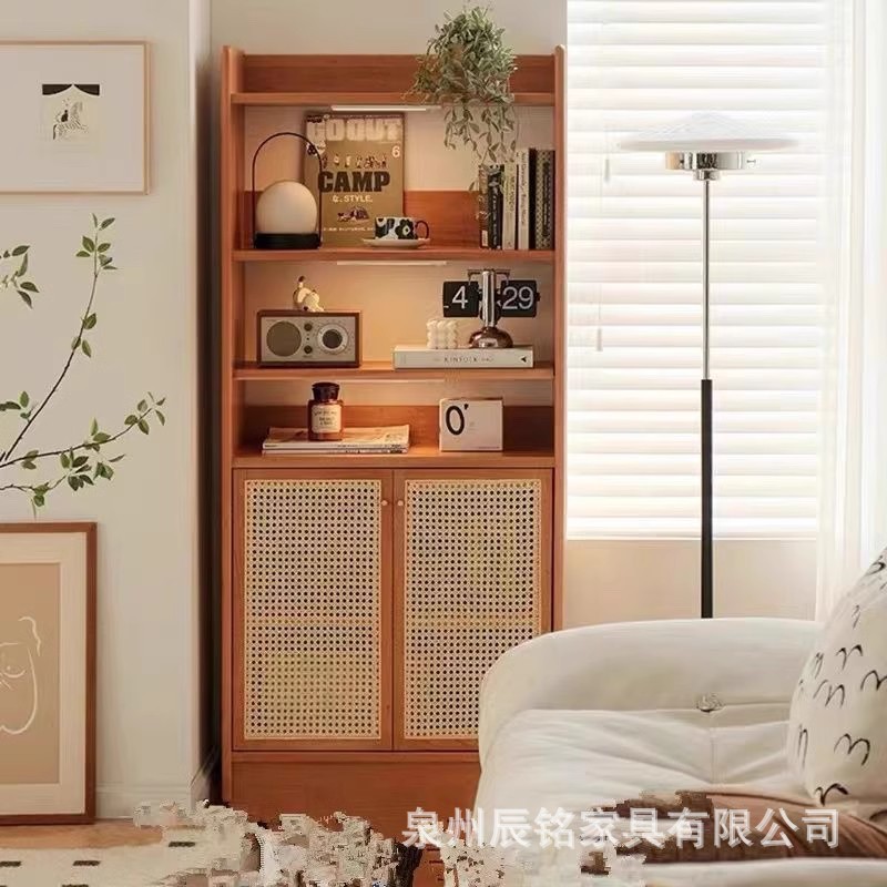 北欧实木书柜日式简约落地储物柜一体樱桃木家具藤编收纳柜置物架