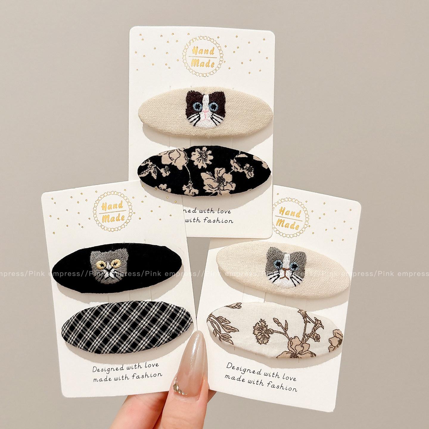 韩系儿童布艺发夹女碎花小猫刺绣宝宝发卡小女孩bb夹碎发女童头饰