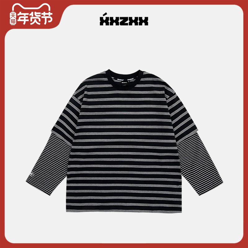 XXZXX假两件条纹长袖T恤男女款上衣潮牌童装亲子装 夏季新款 2101,男装,T恤,淘宝优惠券,粉丝福利购,淘宝优惠卷