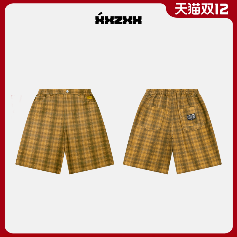 XXZXX潮牌格纹牛仔短裤男女宽松