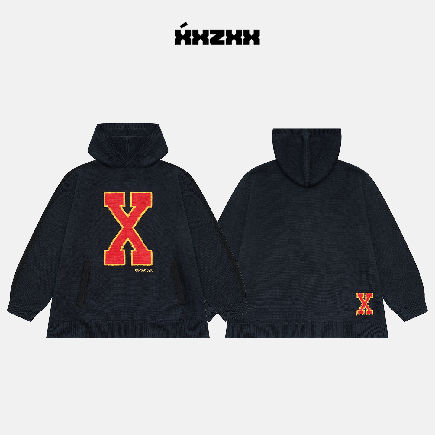 XXZXX撞色连帽针织毛衣男女潮牌