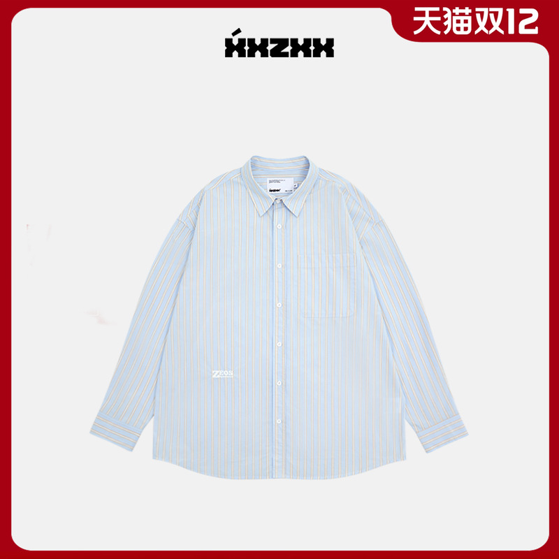 XXZXX潮牌条纹刺绣长袖衬衫男女