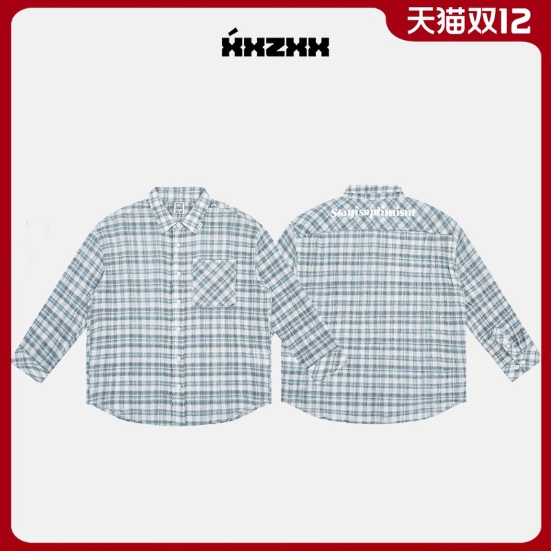 XXZXX潮牌字母印花格子长袖衬衫