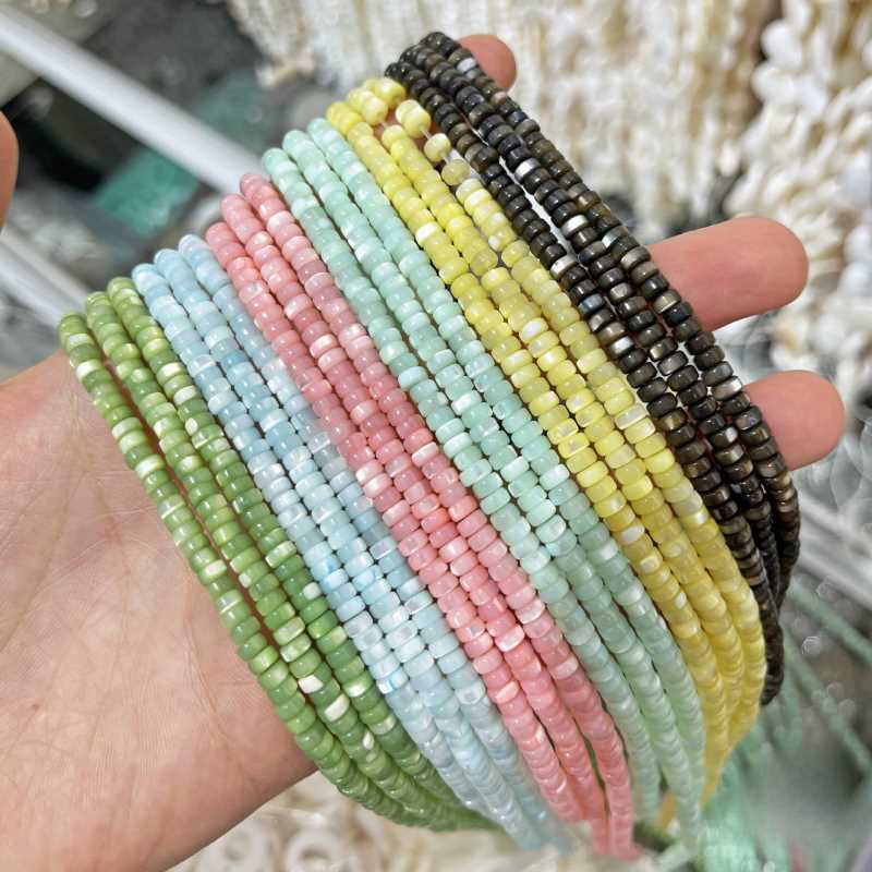 天然深海银丝贝蓝色黄色粉色马蹄螺隔珠隔片圆片手工饰品配件