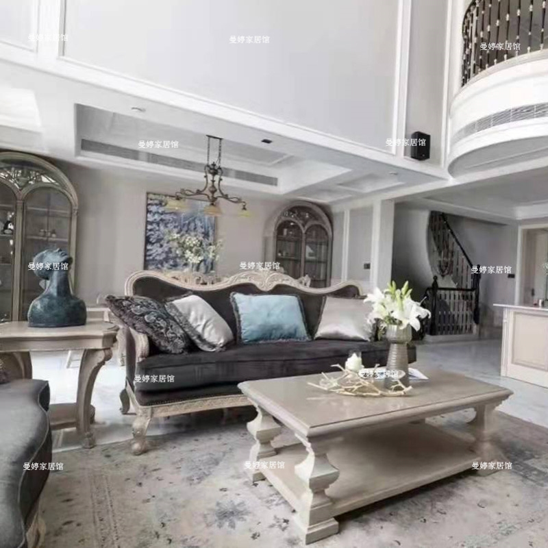 0J美式法式art实木雕花沙发实木沙发复兴印记仿古做旧三人沙发组