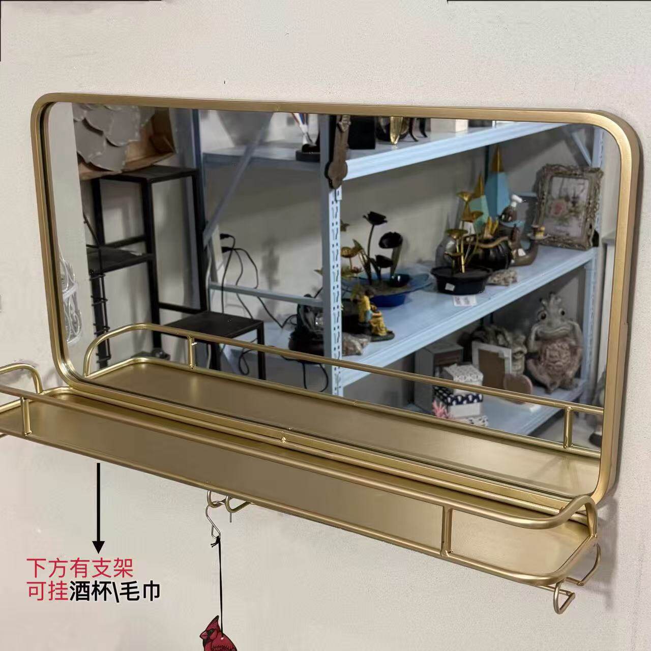 外贸出口 铁艺壁挂置物架带镜子墙面储物餐厅镜面展示架红酒杯架