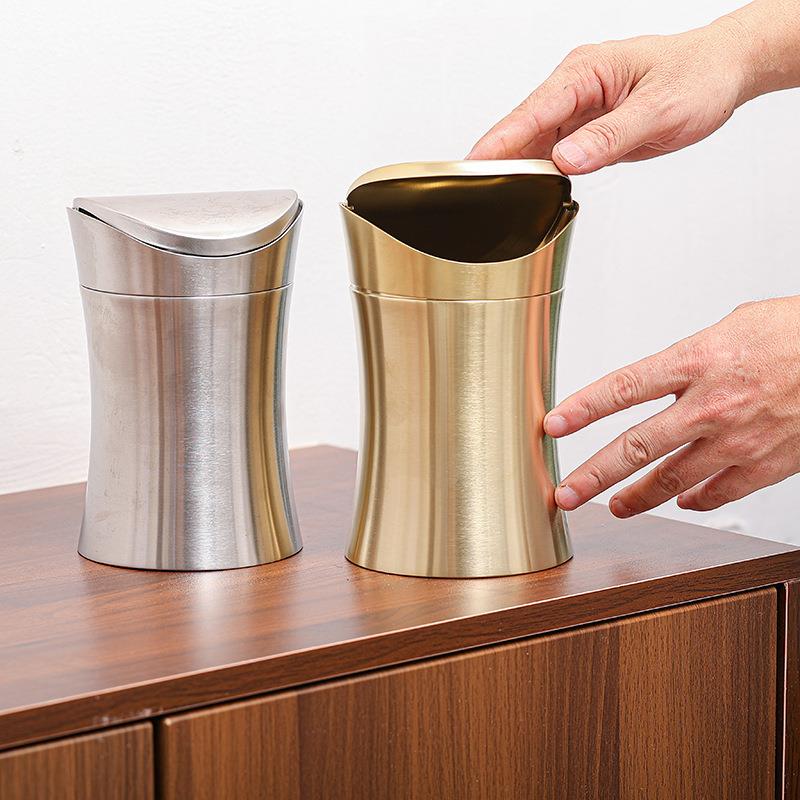 爆款304不锈钢桌面垃圾桶迷你金色台面创意家用卫生间办公纸篓带