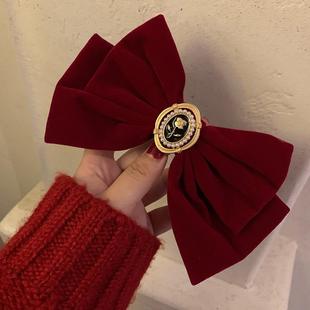 丝绒玫瑰花圣诞发夹红色复古法式 高级感蝴蝶结抓夹大号发饰头饰