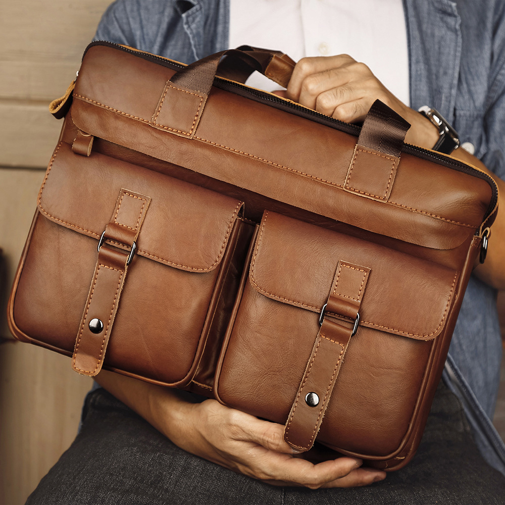 欧洲站牛皮男士休闲商务公文包真皮单肩斜挎包通勤15.6寸手提电脑