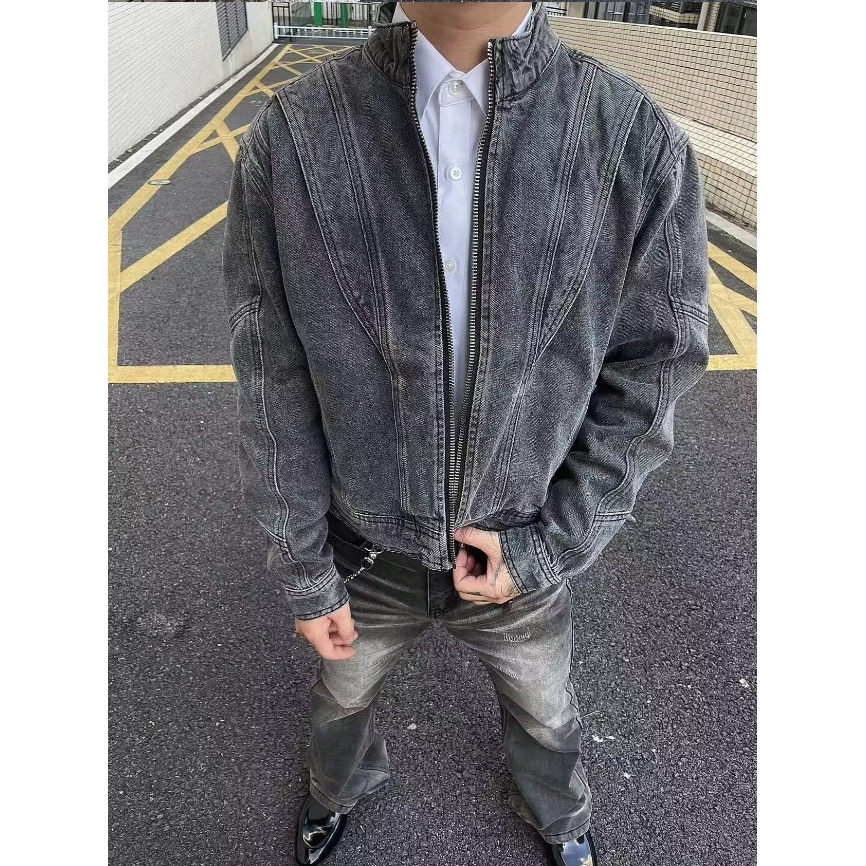 欧洲站美式复古做旧重工水洗牛仔外套bf帅气设计感街头机车男女立